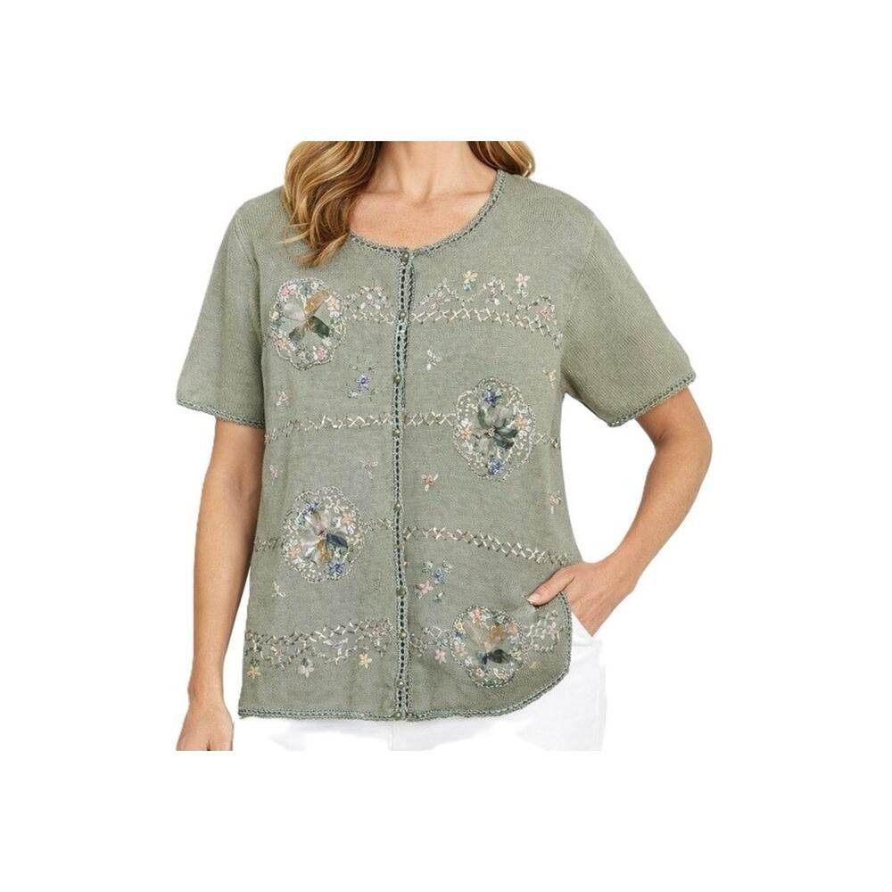 Bentley Sweater Womens Size M Ramie Cotton Floral Applique Knit Cardigan Vintage